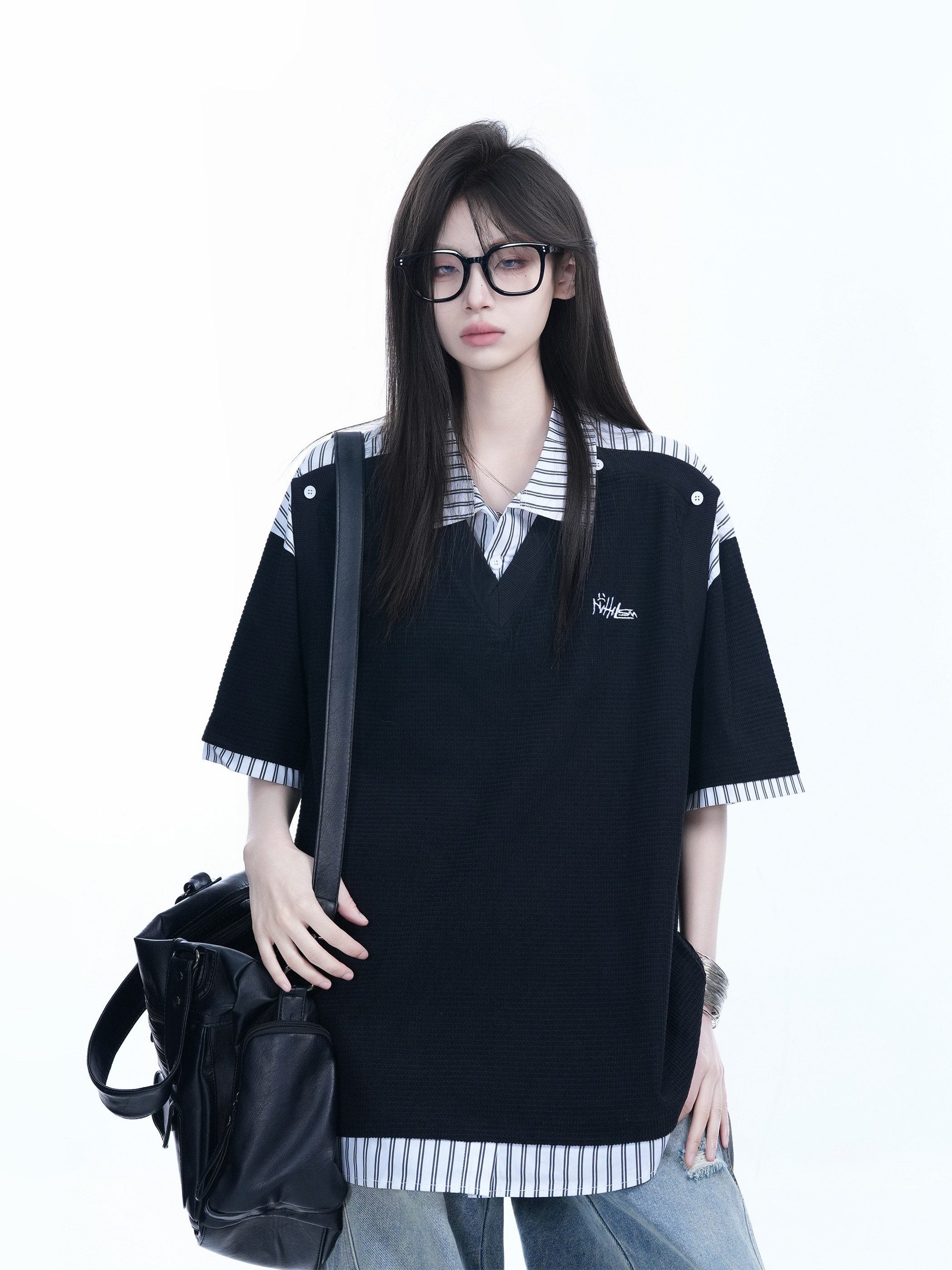 Striped Henry Collar Short Sleeve T-Shirt for Women - Unique Fake Two-Piece Design, Loose Fit, Trendy Casual Style