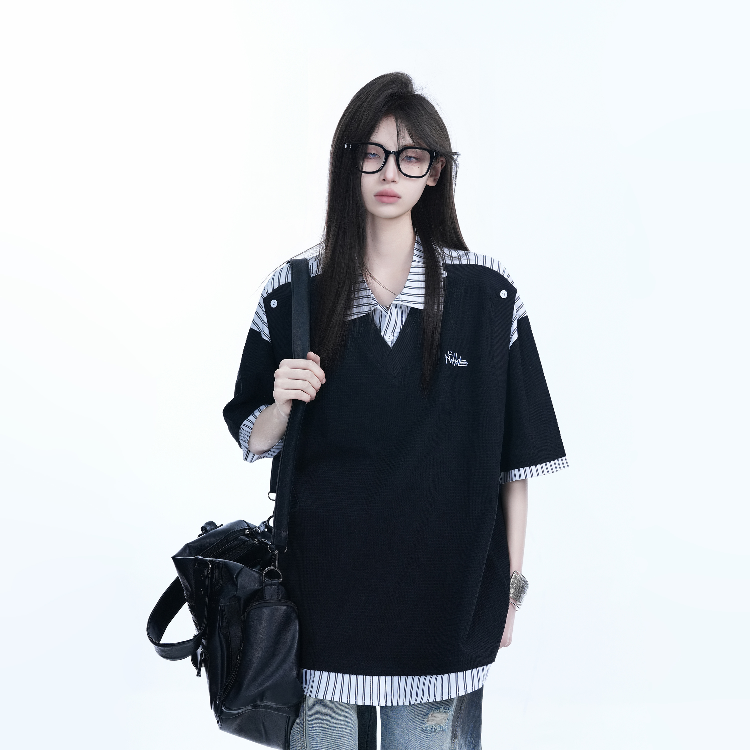 Striped Henry Collar Short Sleeve T-Shirt for Women - Unique Fake Two-Piece Design, Loose Fit, Trendy Casual Style