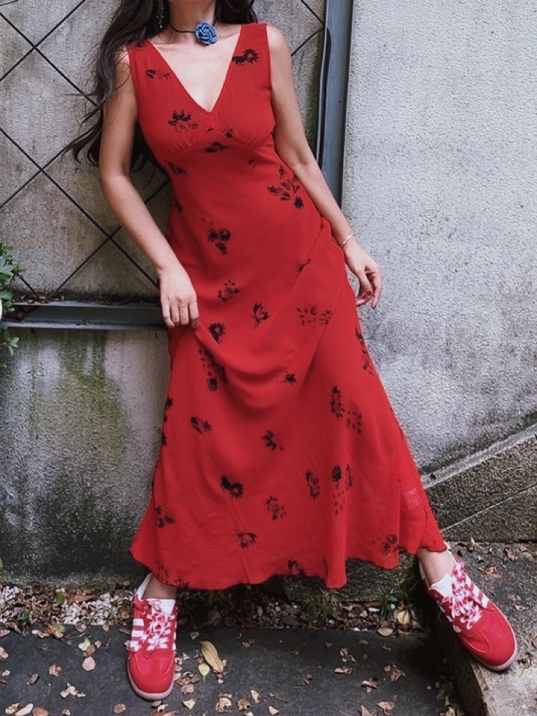 Stunning Red Floral Mermaid Dress - Handmade Draped V-Neck, Waist-Cinching, Perfect for Vacation & Summer Events