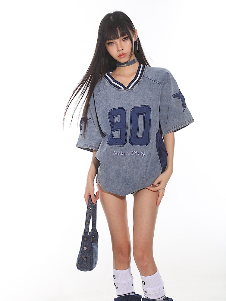 Summer 2025 American Vintage Denim Loose T-Shirt with Letter Embroidery for Women - Trendy Street Style Fashion