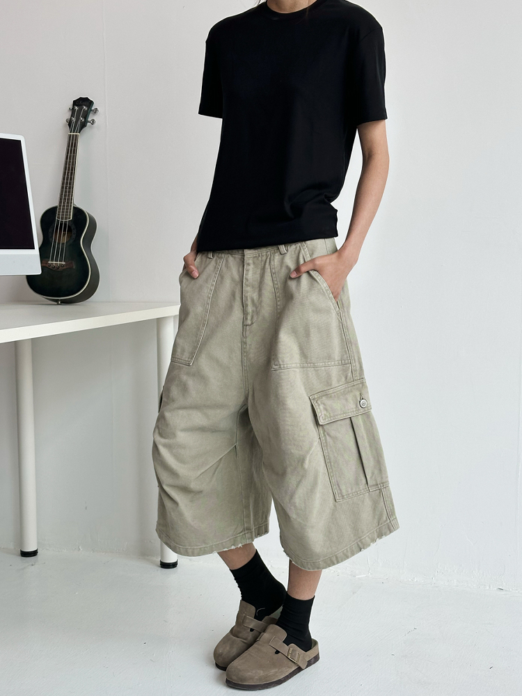 Summer 2025 Men's Unisex Loose Wide-Leg Cargo Shorts - 7-Point Pants for Casual Style