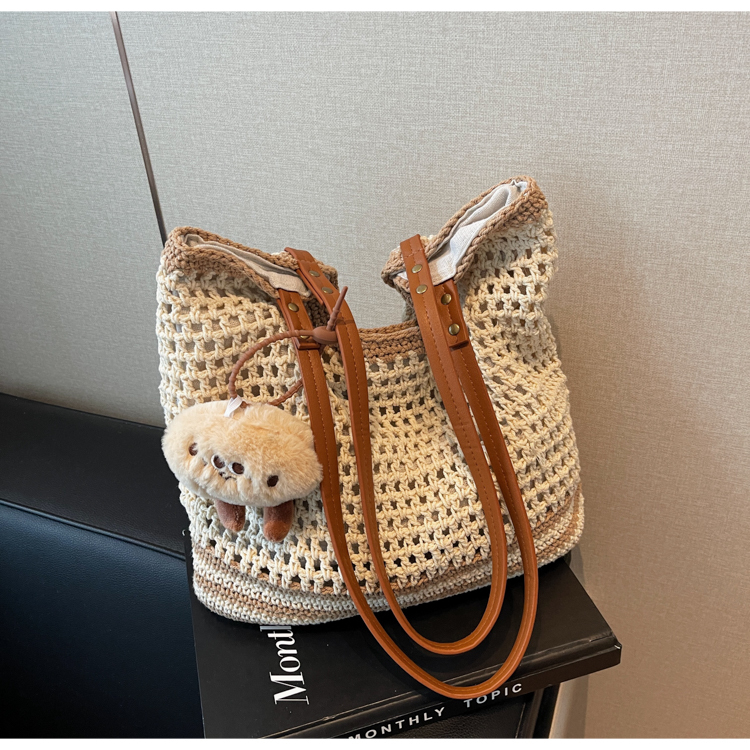 Summer 2025 Women's Woven Straw Bag, Large Capacity Cotton Thread Tote for Seaside Vacations & Commuting