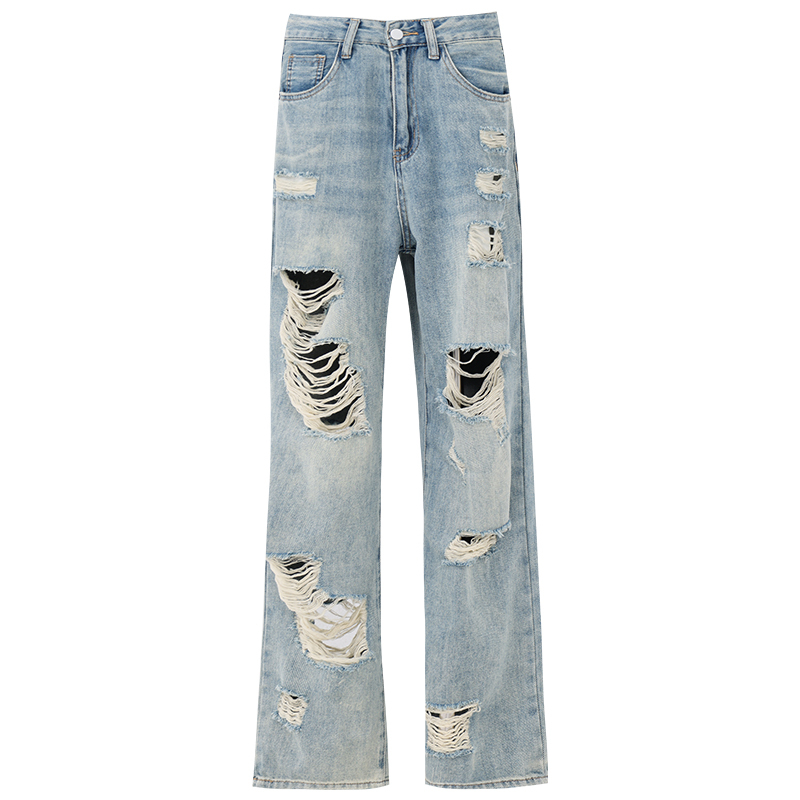Summer American Street Style Blue Ripped Washed Denim Jeans for Women | Straight Loose Wide-Leg Pants