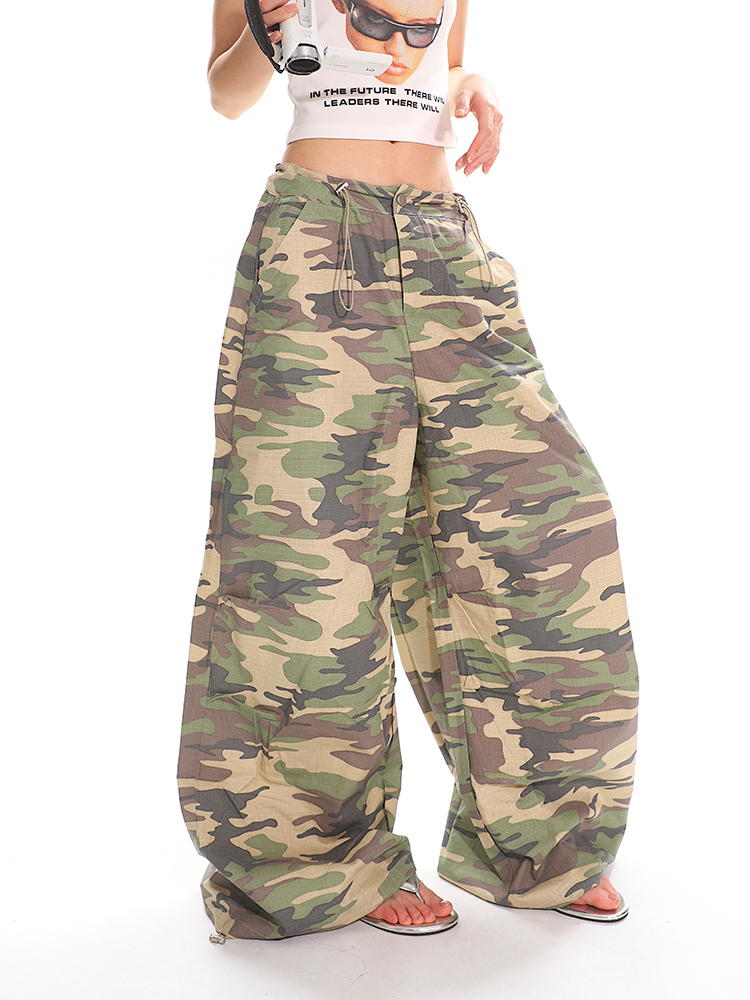 Summer American-Style Camouflage Wide-Leg Pants for Women - Loose Fit, Floor-Length Casual Workwear