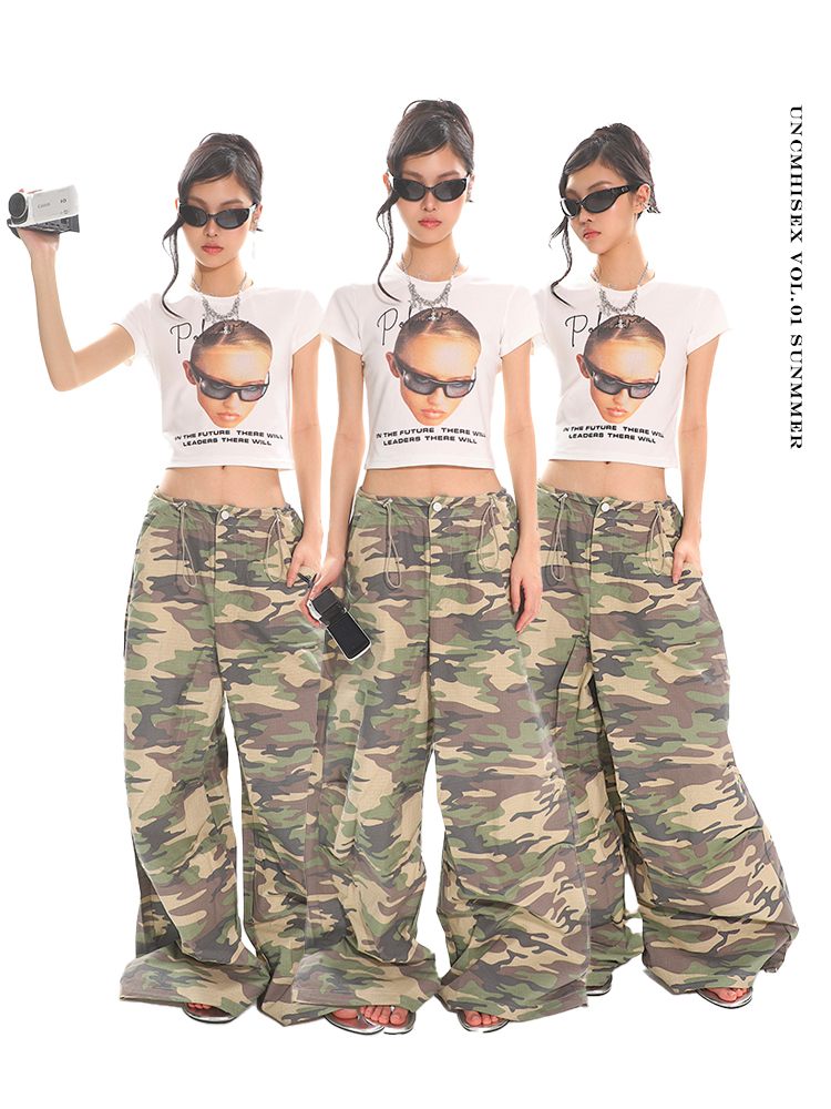 Summer American-Style Camouflage Wide-Leg Pants for Women - Loose Fit, Floor-Length Casual Workwear