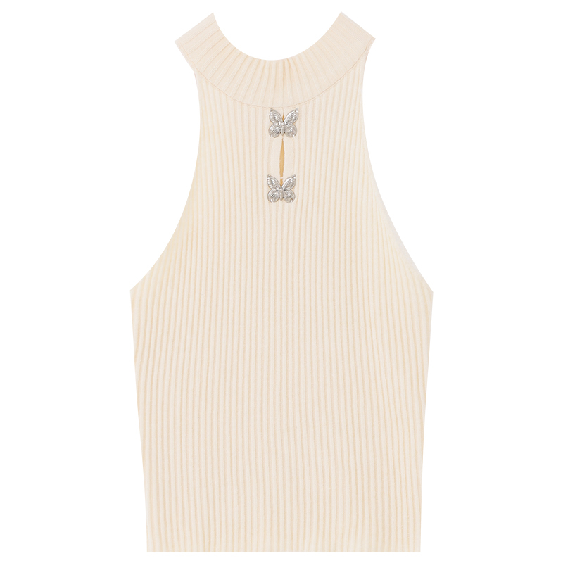 Summer American Style Halter Knitted Tank Top for Women with Butterfly Decoration, Slim Fit, Short Sleeveless, Y2K Fashion