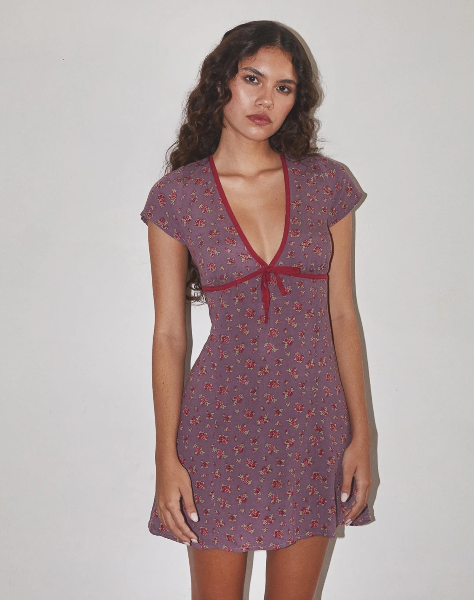 Summer American Vintage Low-Cut Bow Purple Floral Dress for Women - Cute 90s Inspired Design