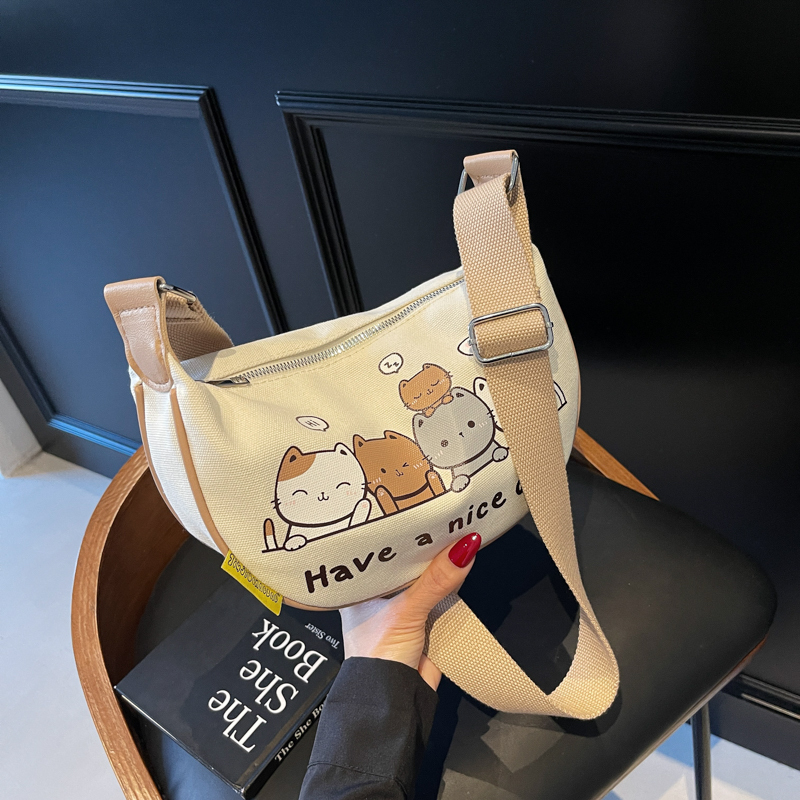 Summer Cartoon Canvas Shoulder Bag for Women - Large Capacity Dumpling Crossbody Bag, Versatile Commuter Style 2025