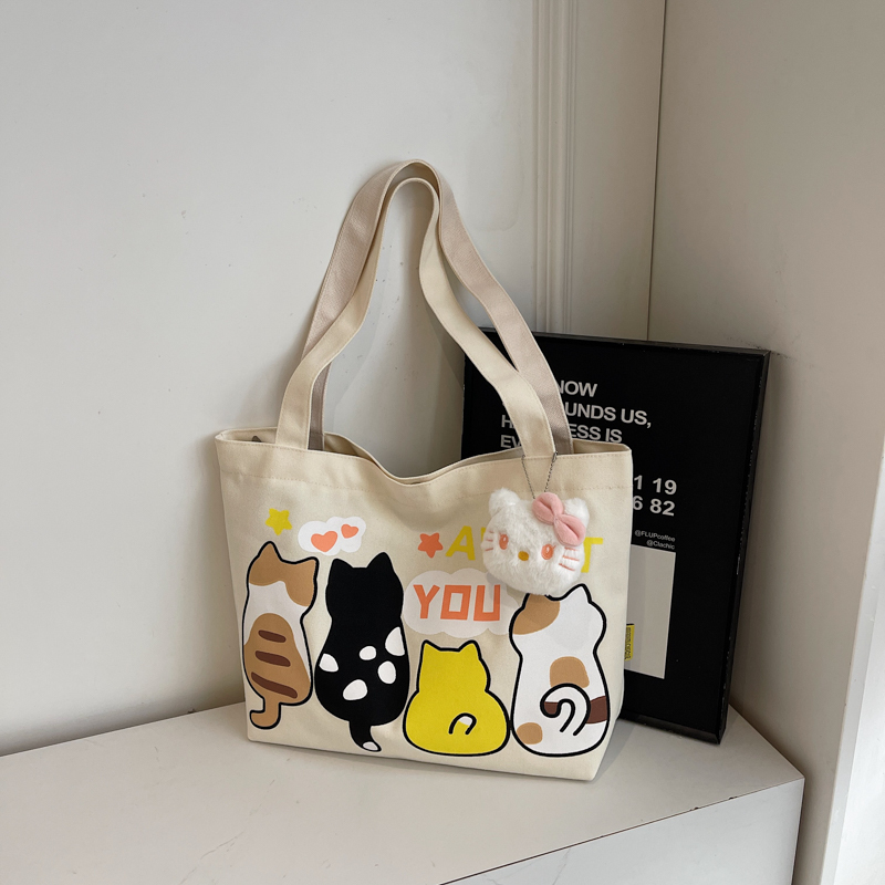 Summer Cartoon Canvas Tote Bag for Women - 2025 Large Capacity Shoulder Bag for Students and Commuters