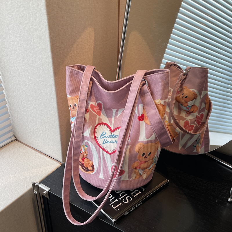 Summer Cartoon Canvas Tote Bag for Women - Versatile Large Capacity Underarm & Shoulder Commuting Bucket Bag
