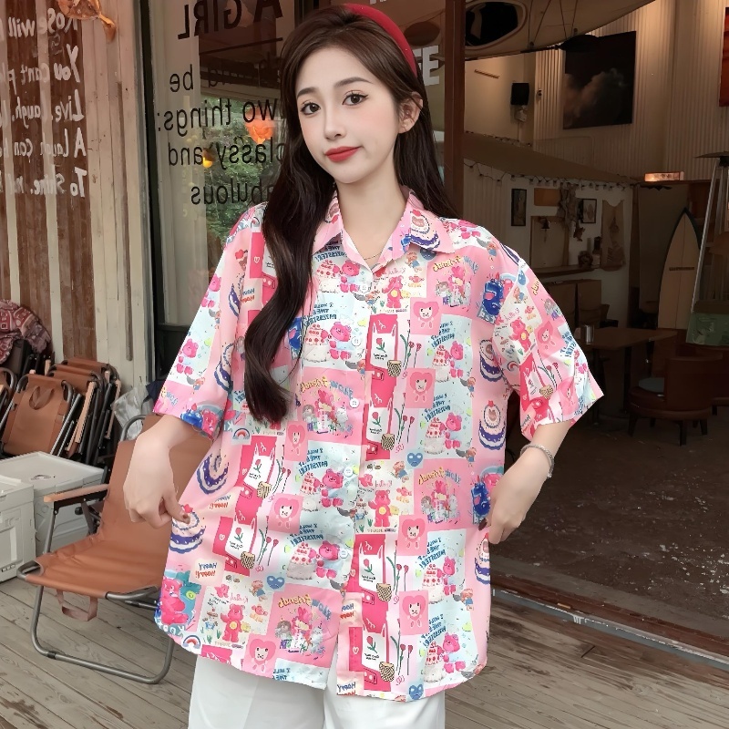 Summer Casual Loose Cartoon Print Short Sleeve Shirt for Women - Unique Beach Top for Students