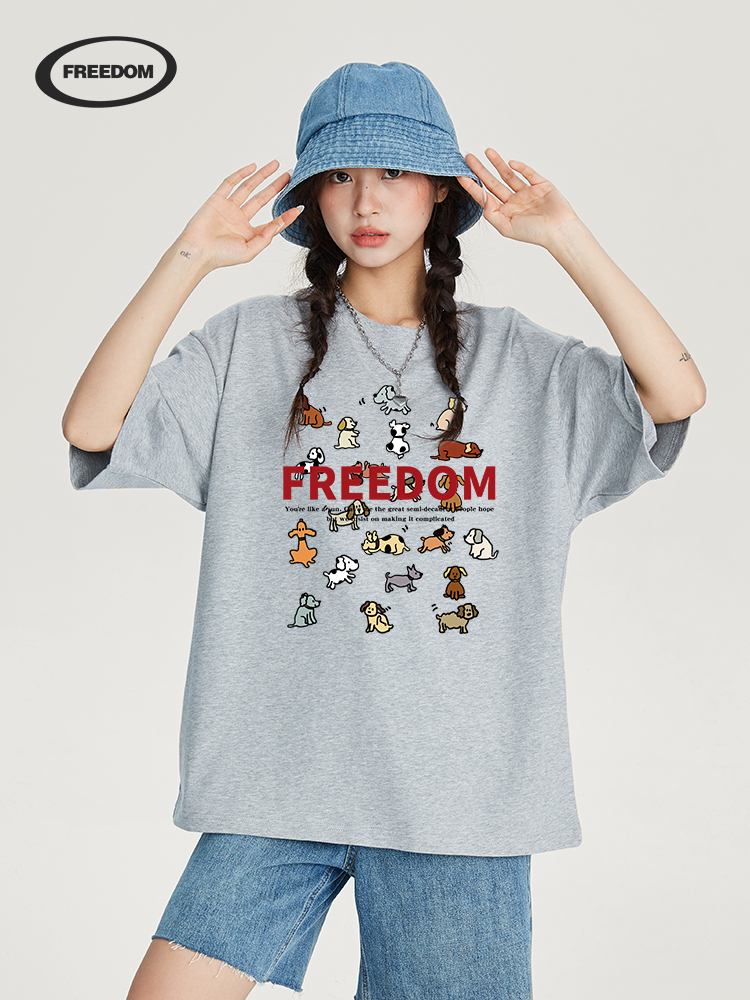 Summer Casual Loose-Fit T-Shirt for Women with American Cartoon Dog Print - 100% Cotton Short Sleeve Top