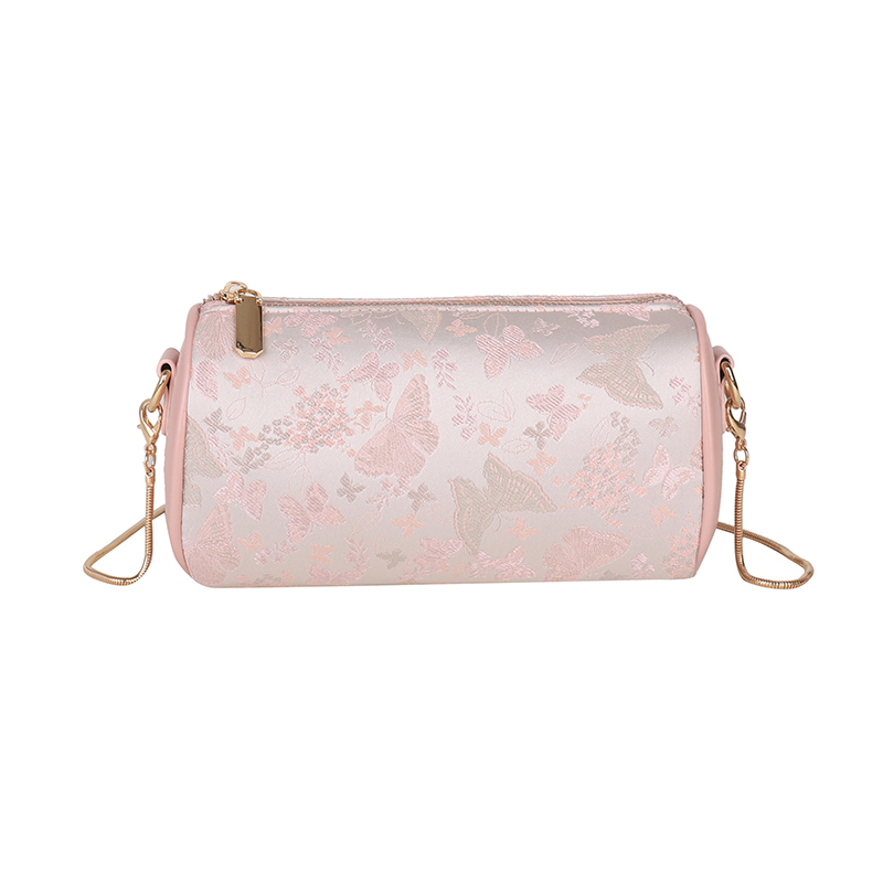 Summer Chinese-Style Round Tube Crossbody Bag for Women with Butterfly Embroidery and Zipper for Phones