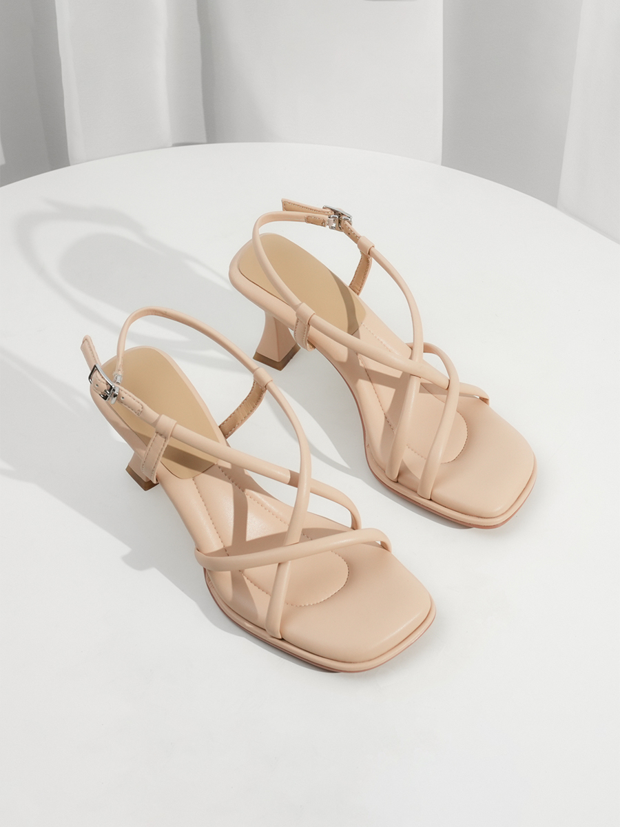Summer Elegant Sheepskin French Cross-Strap Square-Toe Sandals for Women, Versatile Thin-Heeled Roman High Heels