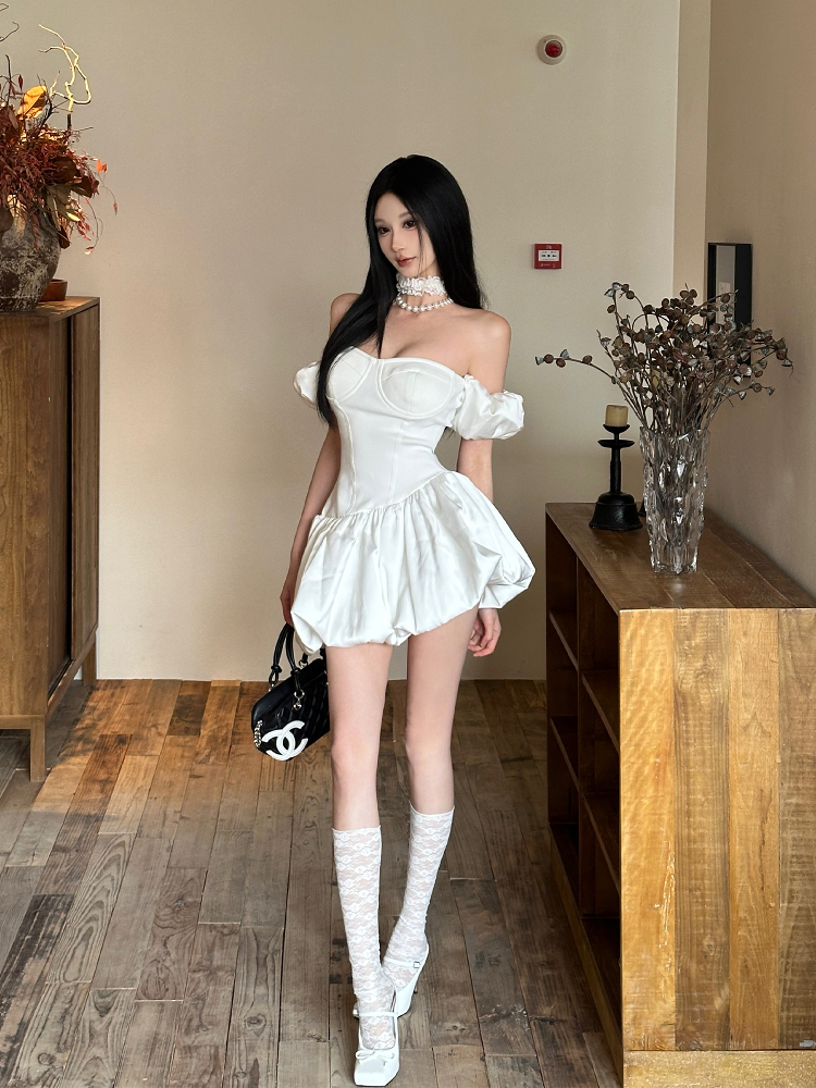 Summer Heavy Satin Puff Skirt Waist-Cinching Princess Style Dress - Elegant Birthday Gown, Perfect for Special Occasions