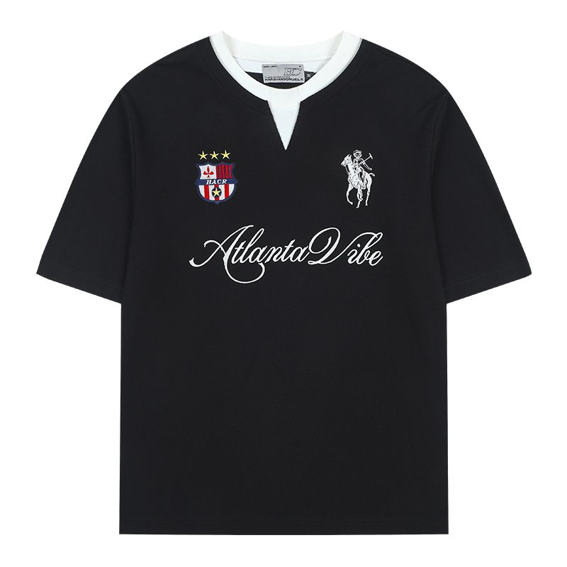 Summer Jersey Retro Sports Unisex Embroidered Short Sleeve T-Shirt - Fake Two-Piece Design, Casual 90s Style Fashion Top