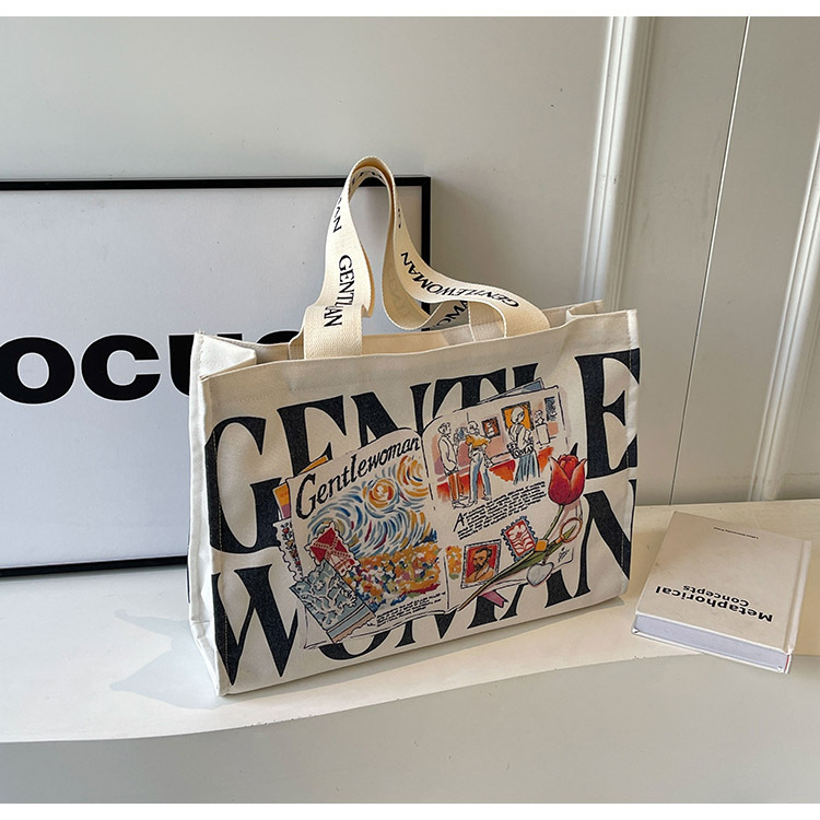 Summer Large Capacity Letter Canvas Tote Bag for Women - Fashionable Commuting Shoulder Bag for College Students and Shopping