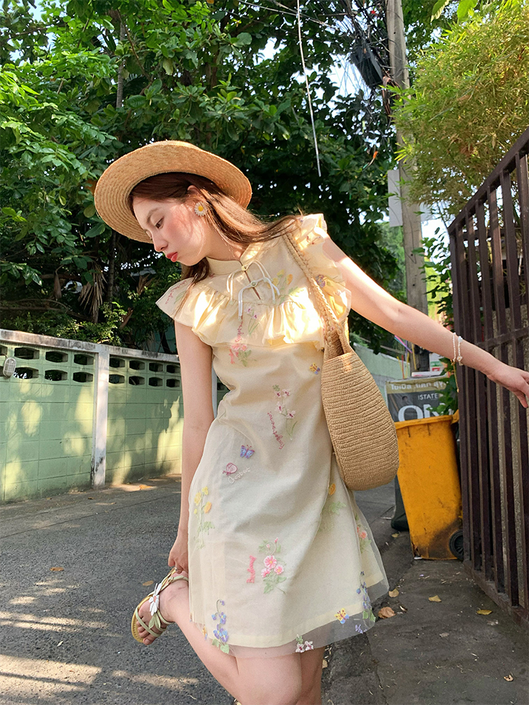 Summer of Cicadas Chinese Style Embroidered Button Short Sleeve Dress for Women - Vintage Short Flutter Sleeve Skirt