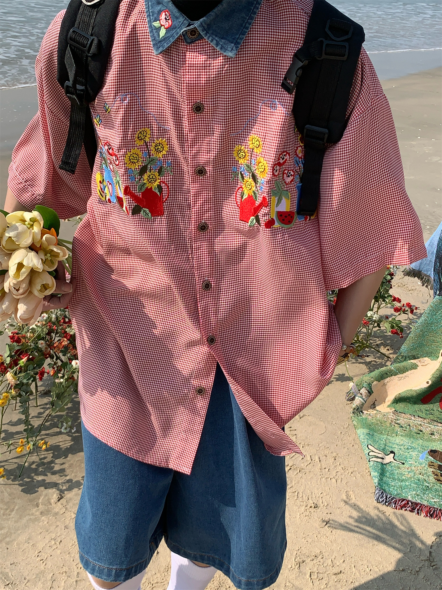 Summer Retro Floral Embroidery Short Sleeve Shirt with Denim Collar - Trendy Couple Plaid Top for 90s Y2K Style Fashion