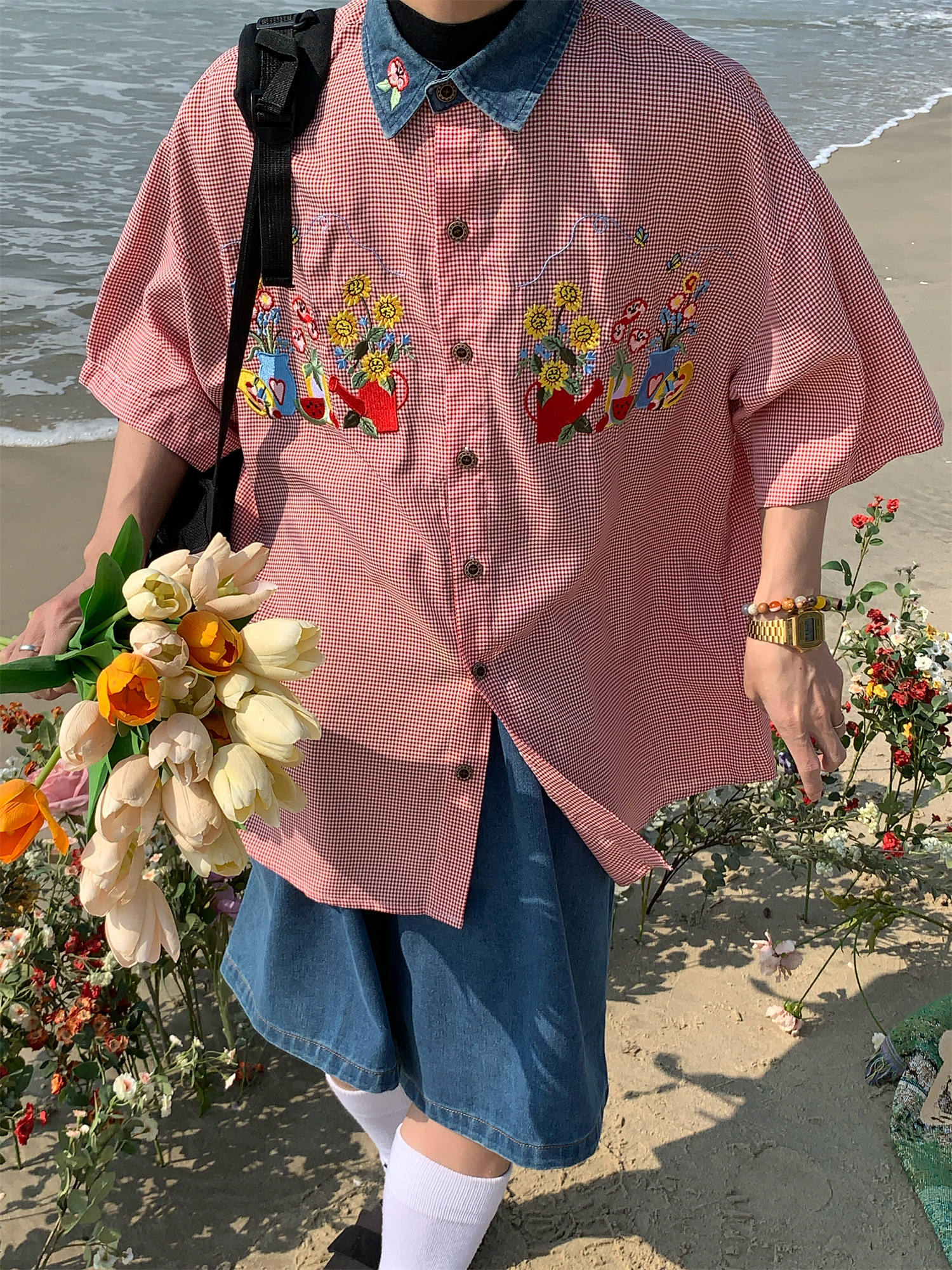 Summer Retro Fun Floral Embroidery Shirt with Denim Collar - Short Sleeve Plaid Top for Couples, Y2K Style Fashion
