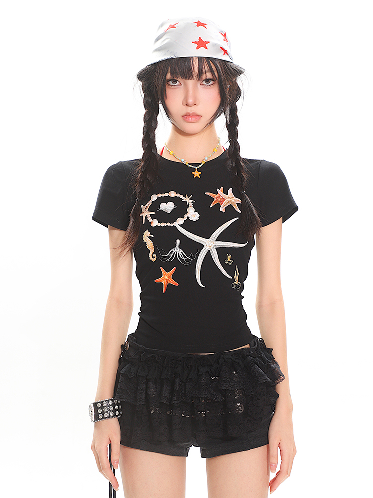 Summer Starfish Shell Print T-Shirt - Women's Short Sleeve Slim Fit Versatile Top, Perfect for Casual 90s and Y2K Style Outfits