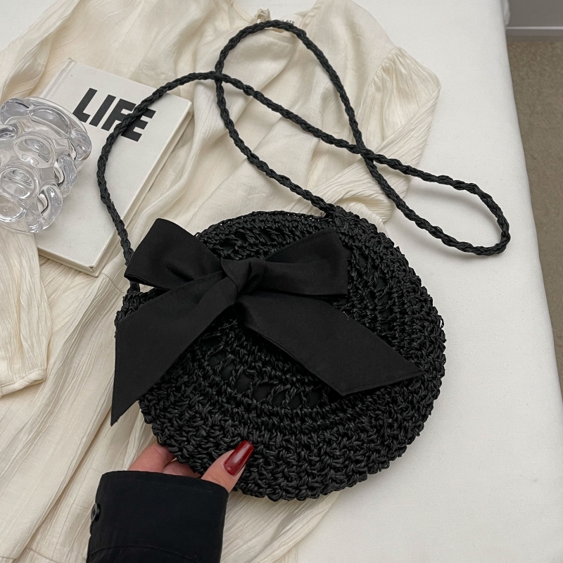Summer Straw Woven Bag for Women - 2025 Bow Tie Design Small Round Crossbody Bag for Beach Vacation and Everyday Versatile Use