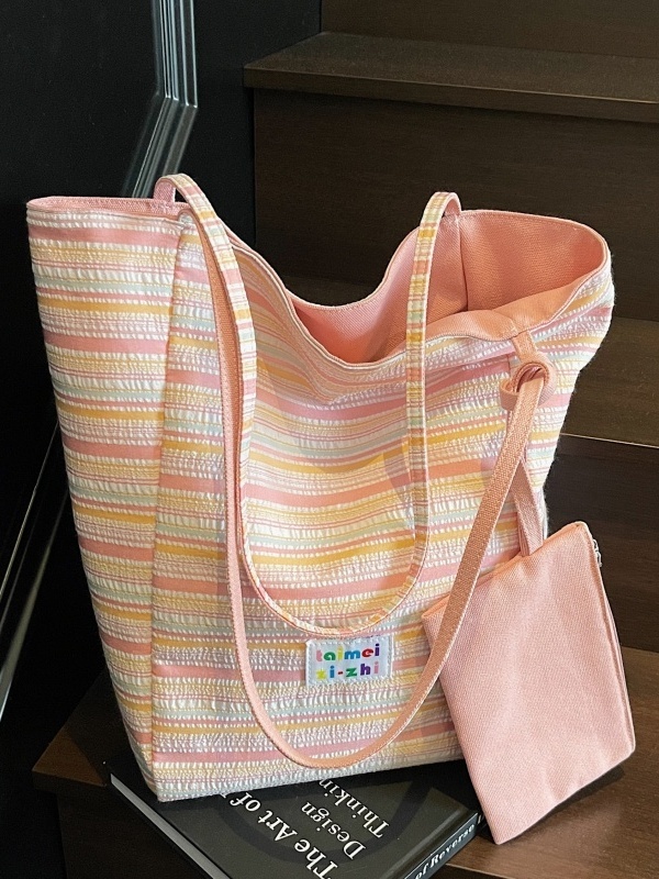 Summer Striped Double-Sided Canvas Tote Bag for Women, Large Capacity Travel Shoulder Bag, Versatile for Students and Commuting
