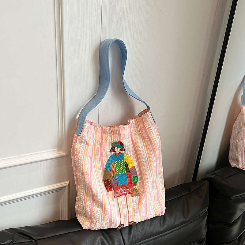 Summer Striped Embroidered Canvas Bucket Bag - Versatile Women's Large Capacity Shoulder Tote for Commuting