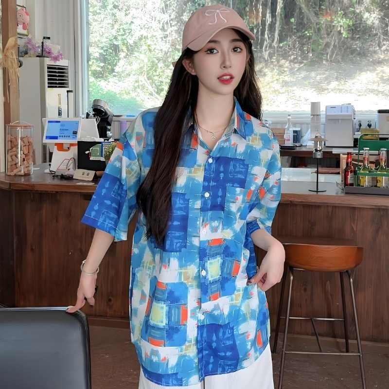 Summer Tie-Dye Floral Short Sleeve Shirt for Women, Retro Loose Beach Top, Trendy Versatile Style, Y2K Fashion