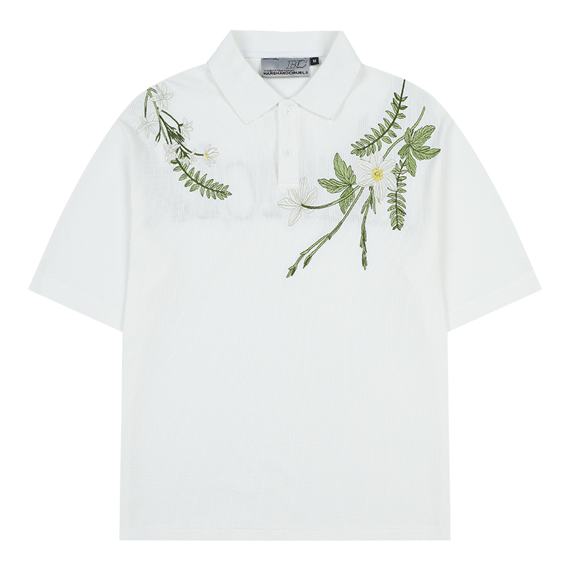 Summer Unisex Embroidered Plant Series Waffle Polo Shirt - Relaxed Fit, Short Sleeve, Trendy 90s Style