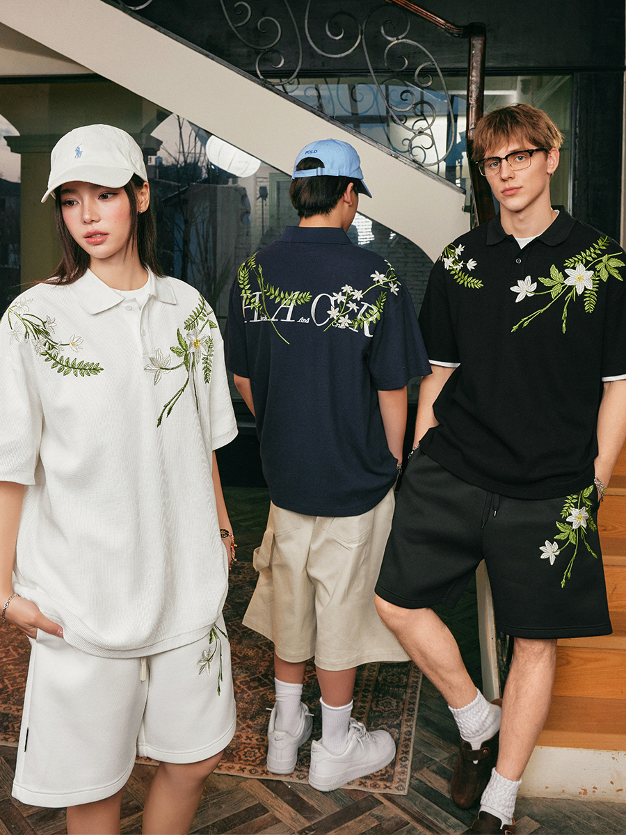 Summer Unisex Embroidered Plant Series Waffle Polo Shirt - Relaxed Fit, Short Sleeve, Trendy 90s Style