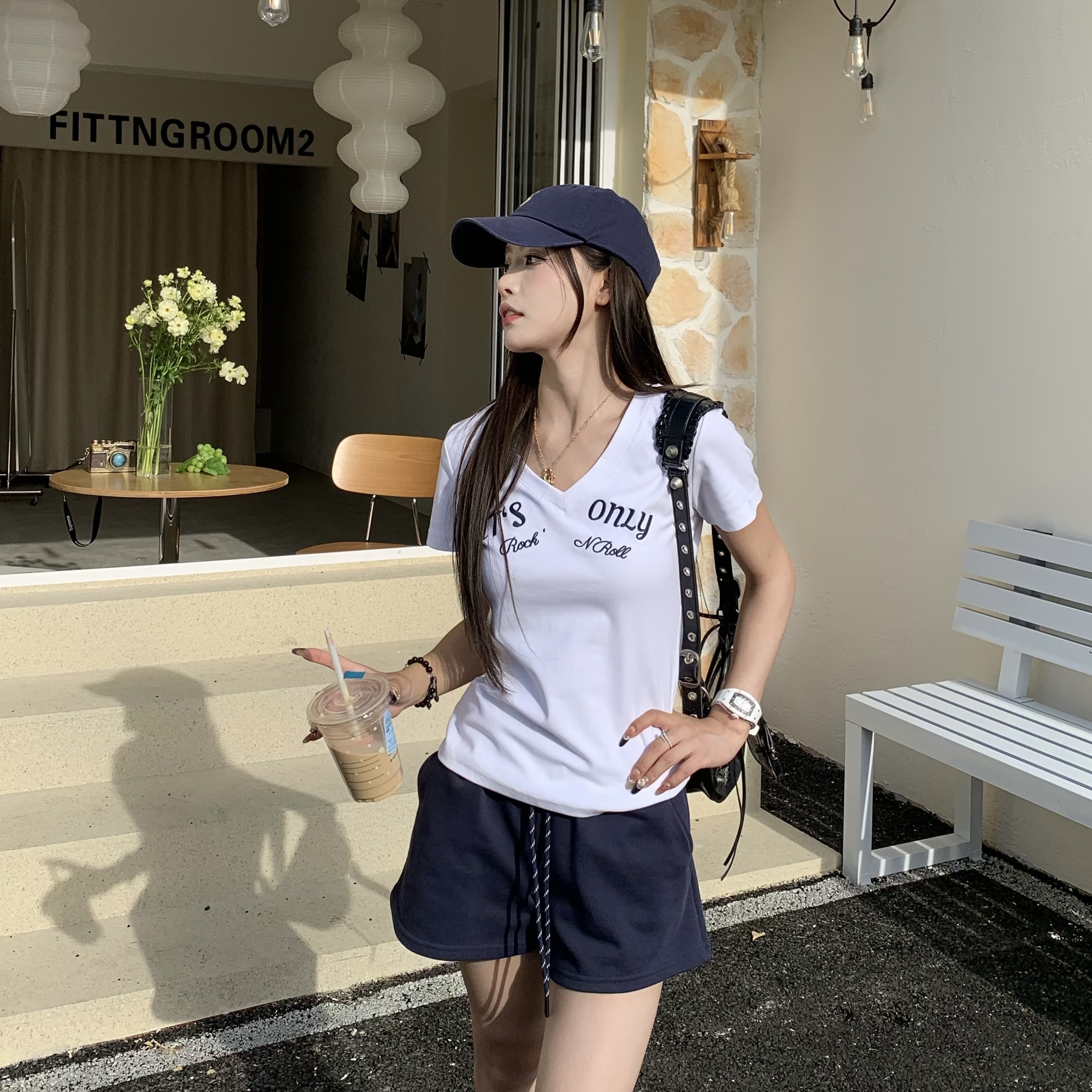 Summer V-Neck Embroidered Short Sleeve T-Shirt for Women - American Style Cool Girl Slim Fit Top, Versatile Fashion Essential