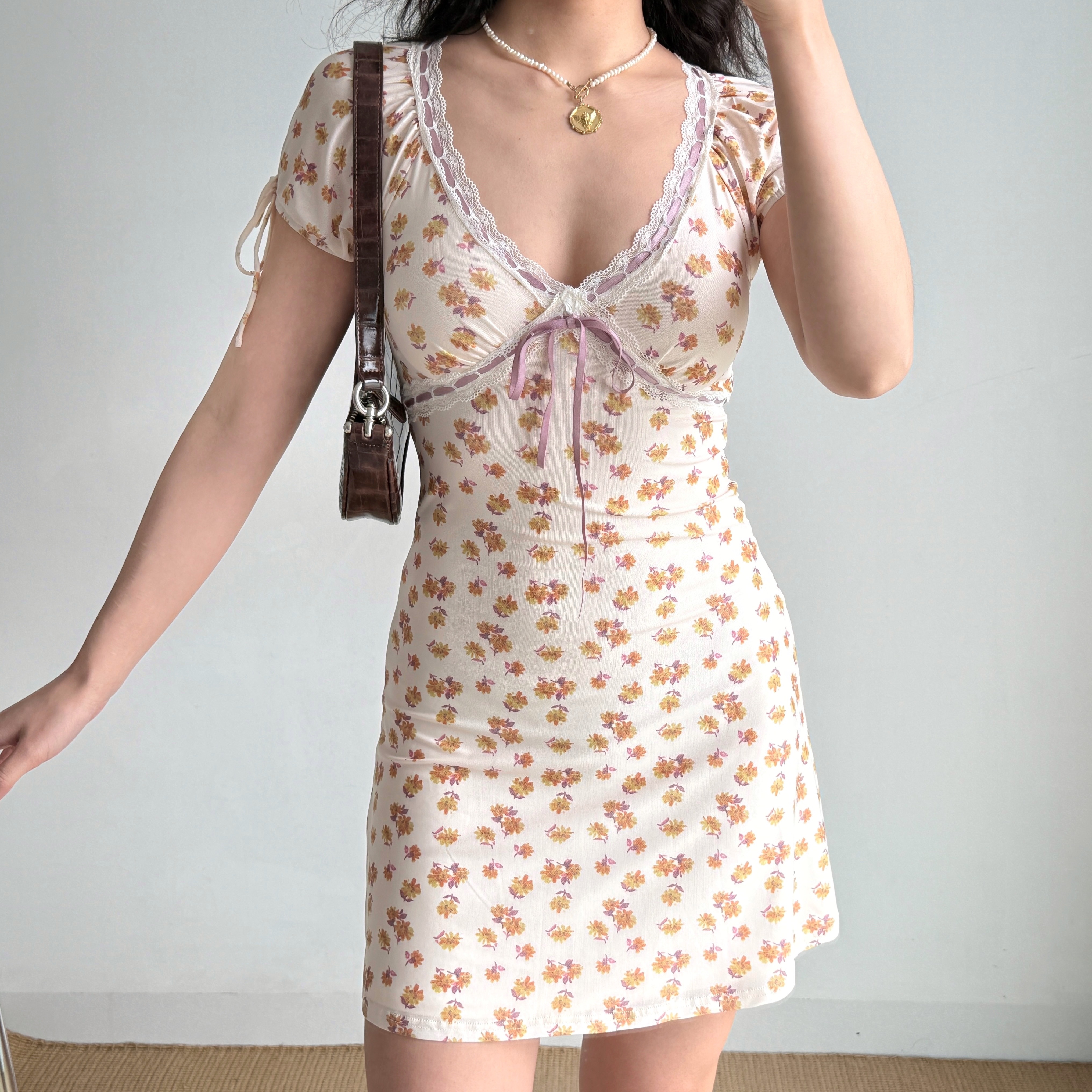 Summer V-Neck Short Sleeve Dress for Women - Lace Splicing Tie-Dye Print, European & American Style, Trendy 90s Y2K Fashion