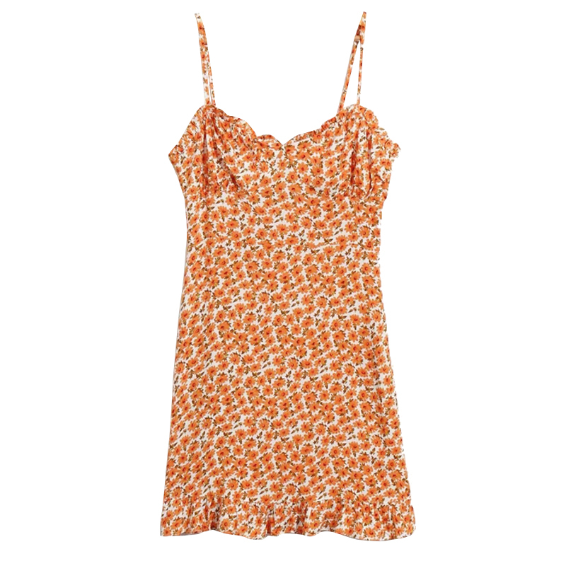 Summer Vintage Floral Spaghetti Strap Dress with Ruffled Hem - Elegant French Style for Effortless Y2K Fashion