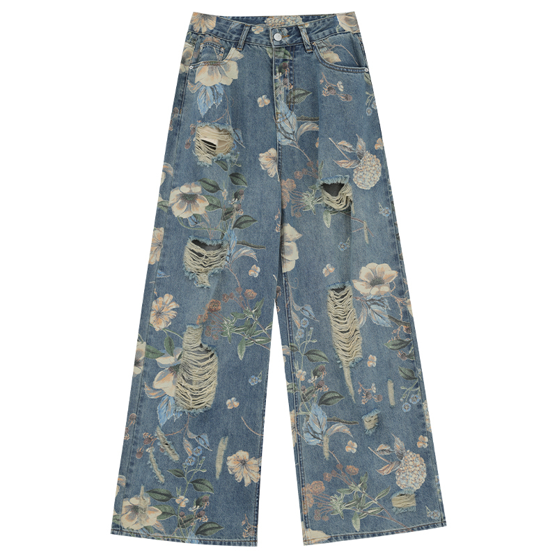 Summer Vintage Printed Ripped Jeans for Women - Loose Straight Leg Wide-Leg Pants, American Style, Casual Fashion