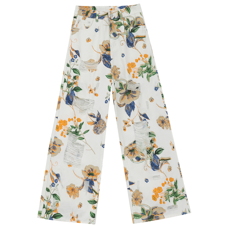 Summer White Printed Ripped Jeans for Women - Floor-Length Wide-Leg Pants, Trendy 2025 Style, Casual Fashion