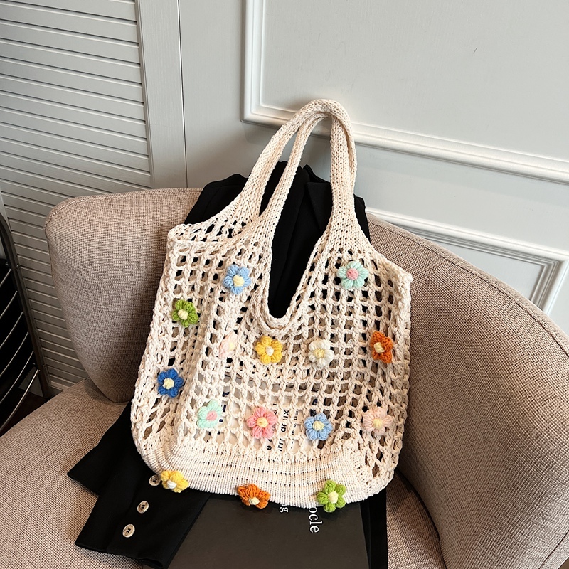 Summer Woven Hollow Underarm Bag for Women - 2025 Yarn Flower Knitted Large Capacity Shoulder Tote