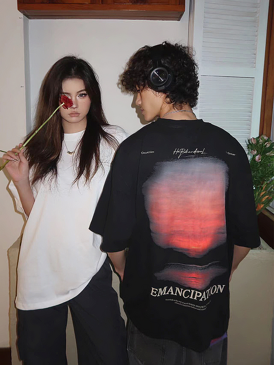 Sunset American Street Short Sleeve Pure Cotton T-Shirt for Couples - Trendy 90s Inspired Fashion