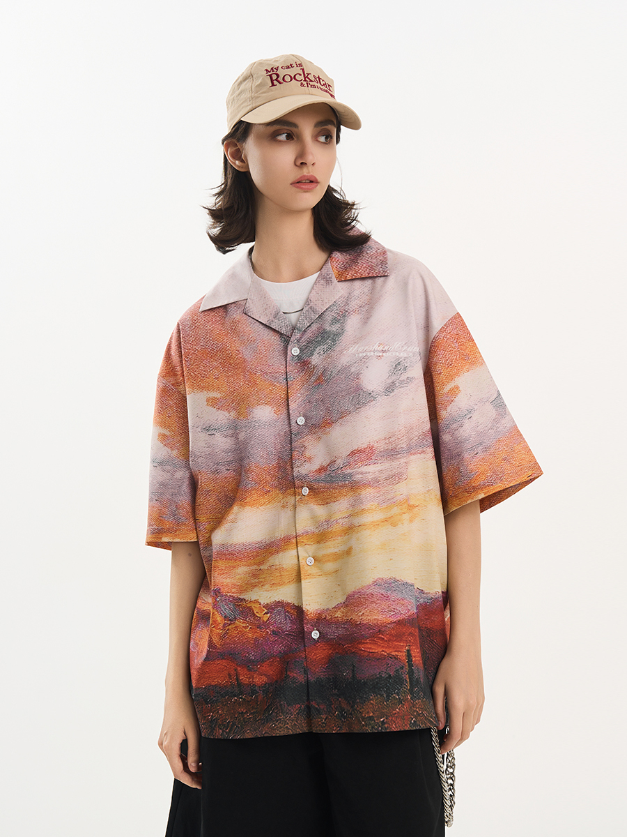 Sunset Oil Painting Style Full Print Short-Sleeve Shirt - Artistic Graphic Tee, Y2K Aesthetic, Trendy Casual Wear