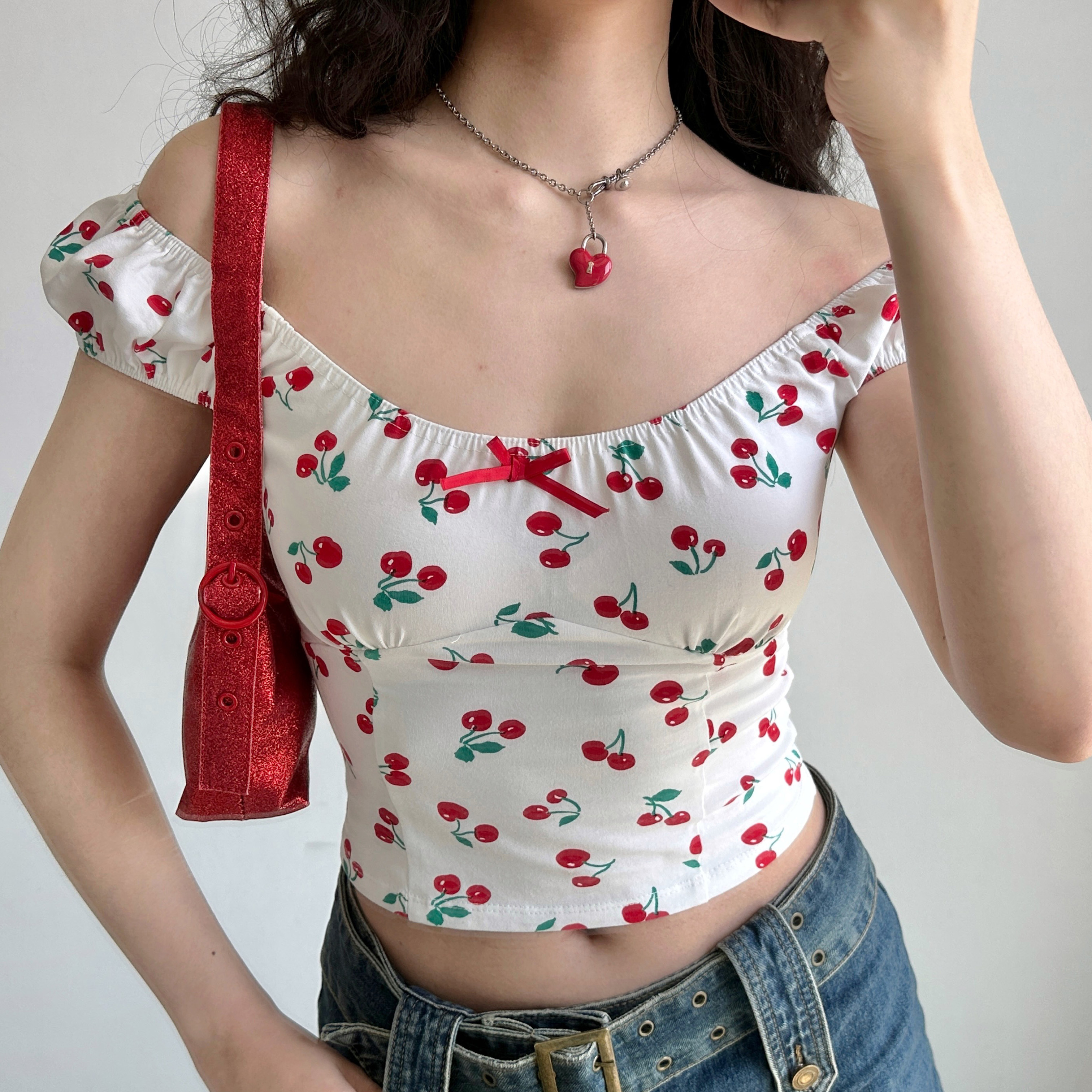 Sweet and Spicy Cherry Print Off-Shoulder Short Sleeve T-Shirt for Women - Summer Slim Fit European & American Style Top