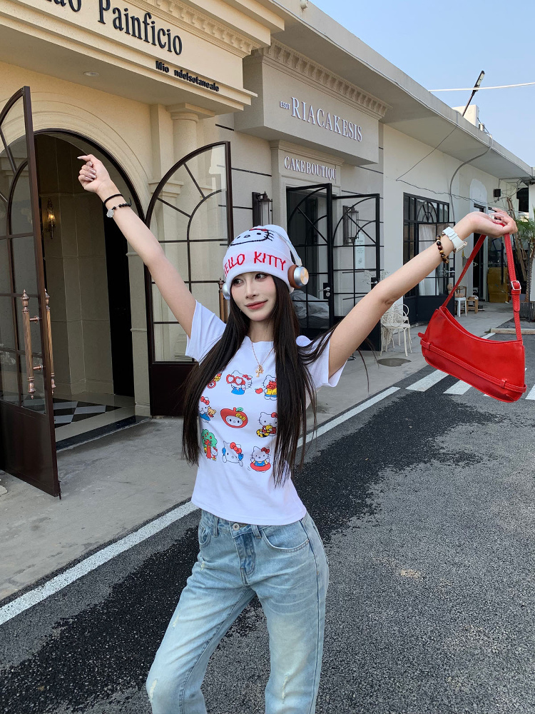 Sweet and Spicy Kitty Cat Short Sleeve T-Shirt for Women - American Style Slim Fit Top - 2025 Summer Versatile 90s Y2K Fashion