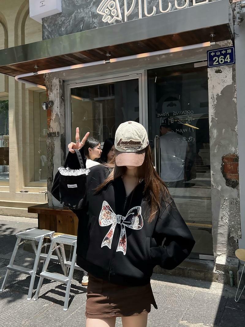 Sweet and Spicy Lace Bow Hoodie Short Jacket for Women - Loose American Style Casual Top, Trendy Y2K Fashion