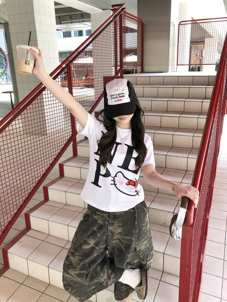 Sweet Cool Kitty Cartoon Print Short Sleeve T-Shirt for Women - Summer 2025 Slim Fit Casual Top, Cute Y2K Style