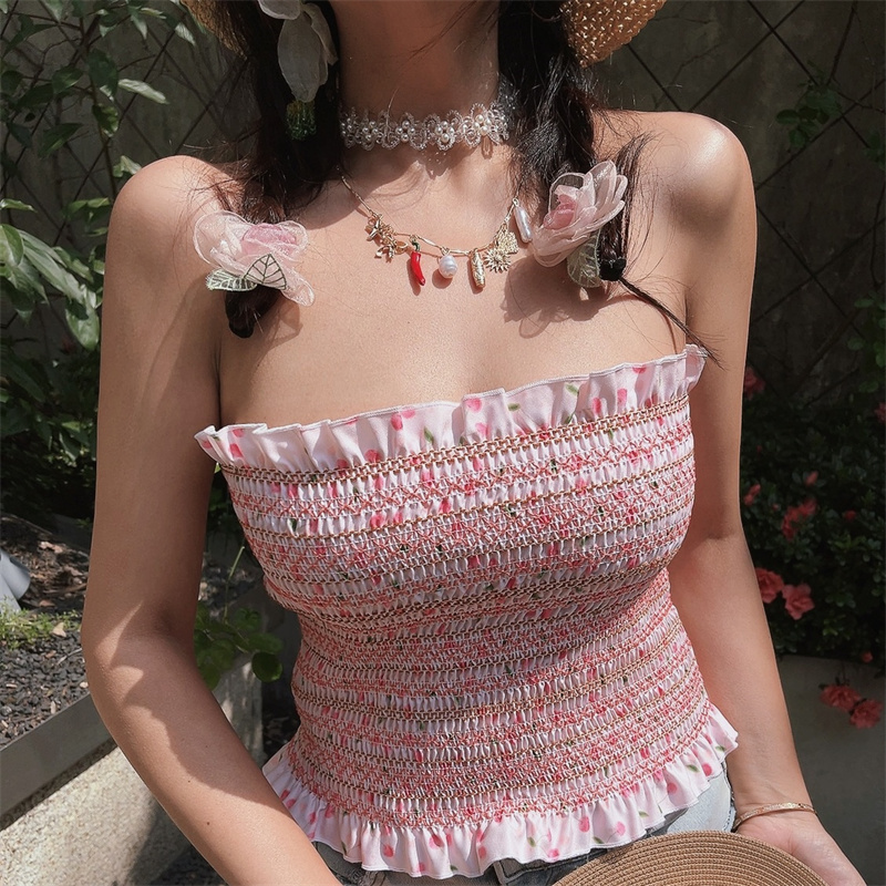 Sweet Pink Floral One-Shoulder Gathered Strapless Top - Handmade High-Elastic Vacation Style for Women