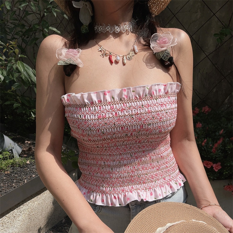 Sweet Pink Floral One-Shoulder Gathered Strapless Top - Handmade High-Elastic Vacation Style for Women