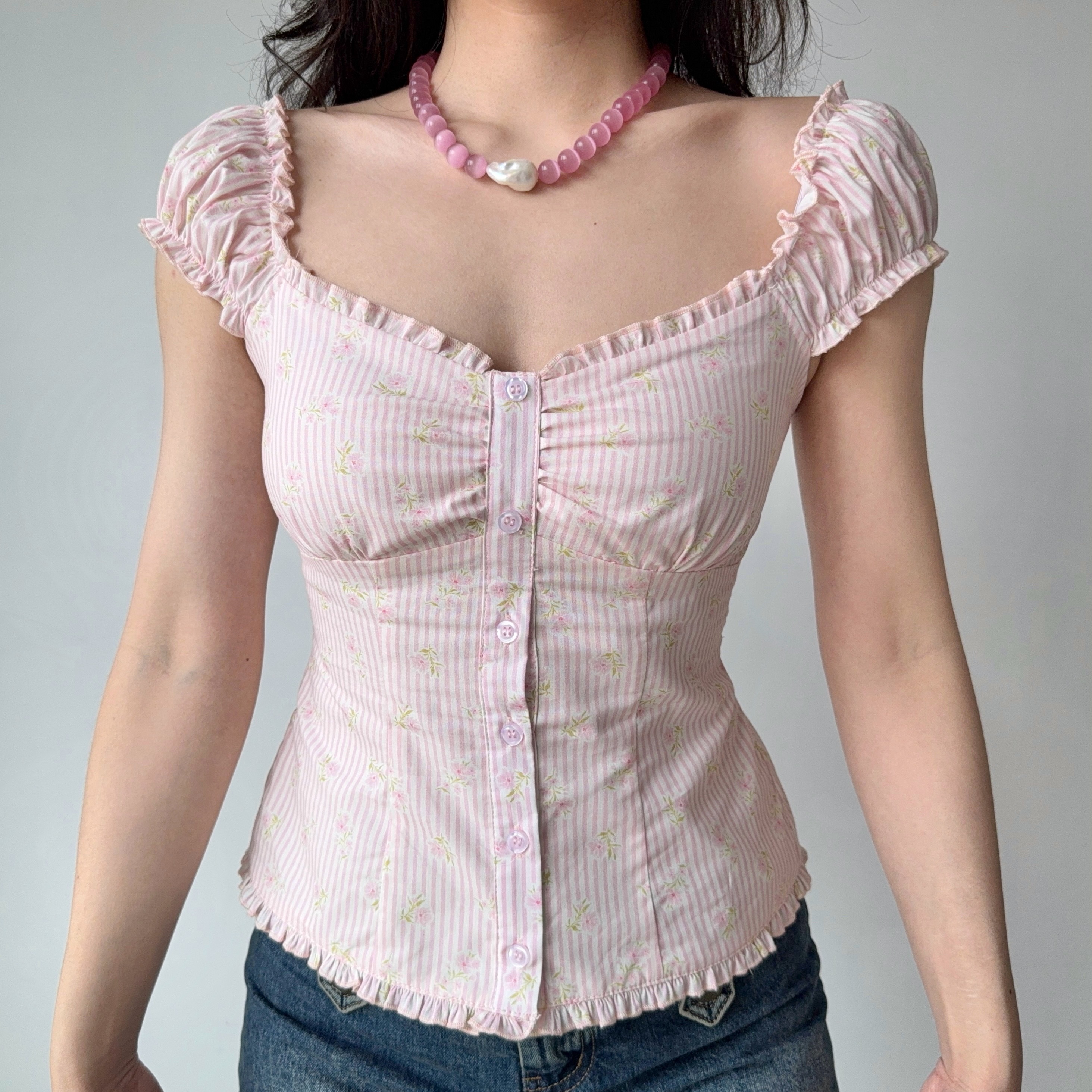 Sweet Pink Striped Square Neck Puff Sleeve Top - Women's Floral Short Sleeve Blouse - Y2K Inspired Fashion