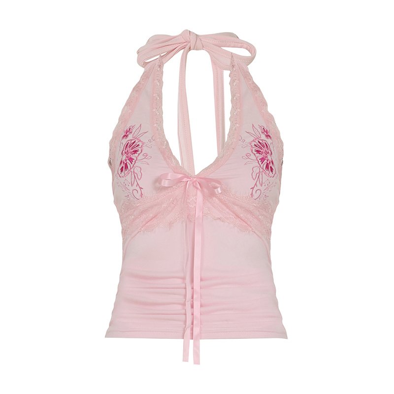 Sweetheart Embroidered Halter Pink Camisole - Backless Ruffled Tank Top for Women, Perfect for Music Festivals and Y2K Style