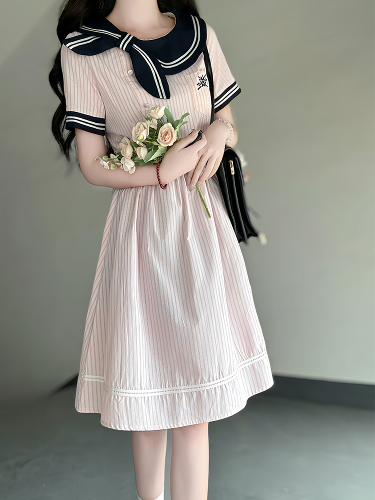 Sweetheart Pudding Bear JK Uniform College Style Dress with Butterfly Collar - Slimming Summer Dress for Women