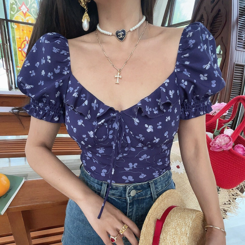 Thai-Style Handmade Spring/Summer 2025 French Ruffled Puff Sleeve Tie Short-Sleeve Shirt for Vacation