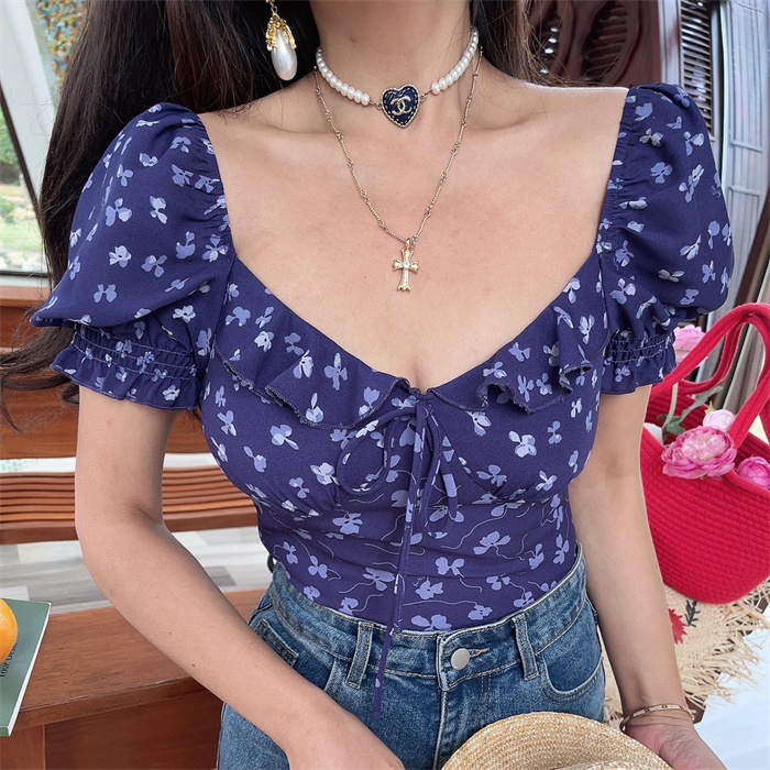 Thai-Style Handmade Spring/Summer 2025 French Ruffled Puff Sleeve Tie Short-Sleeve Shirt for Vacation